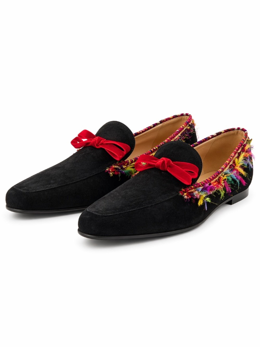 Jet Set Paris Black Suede Flats with Multicolor Fringe & Red Bow – Size 5.5 EUC